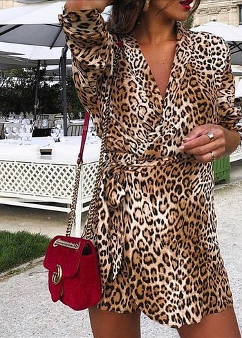 Zara Kahverengi Leopar Desenli Mini Elbise