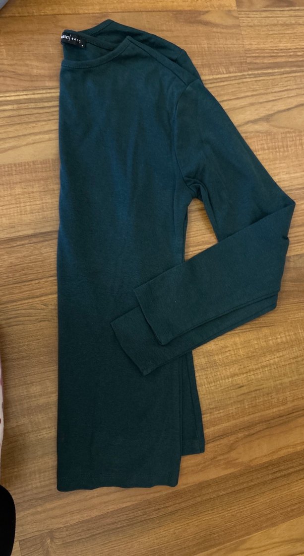 Koyu Yeşil Uzun Kollu Basic Tişört kusuru son foto da - Görsel 3