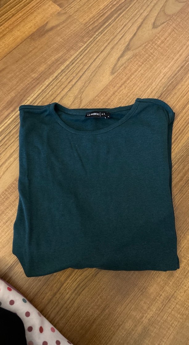 Koyu Yeşil Uzun Kollu Basic Tişört kusuru son foto da - Görsel 2