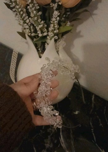Beyaz Boncuklu Bohem Gelin Tacı