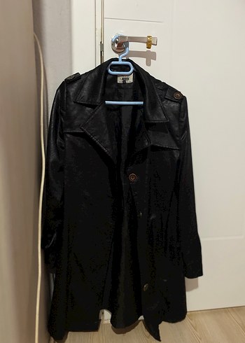 Düğmeli Siyah Deri Midi Trençkot - Görsel 2