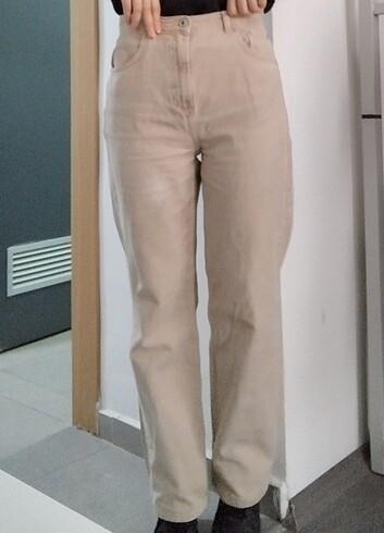 Kadın bej Jean geniş paça pantolon
