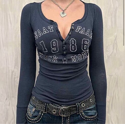 Vintage Lacivert Naat Faak Rock More Uzun Kollu Crop