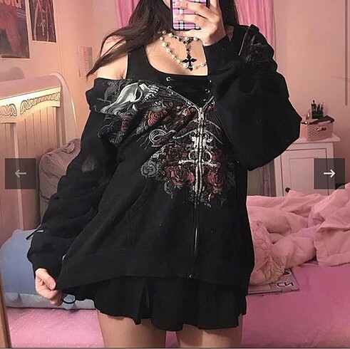 Siyah Gothic Double Skull (Unisex) Fermuarlı Kapüşonlu Sweatshir