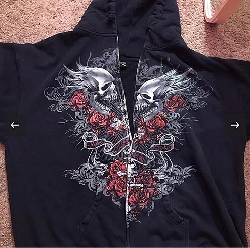 Diğer Siyah Gothic Double Skull (Unisex) Fermuarlı Kapüşonlu Sweatshir