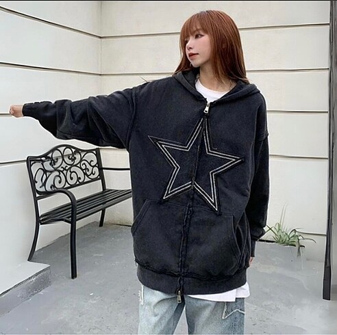 Siyah Vintage Star Fermuarlı Kapüşonlu Sweatshirt