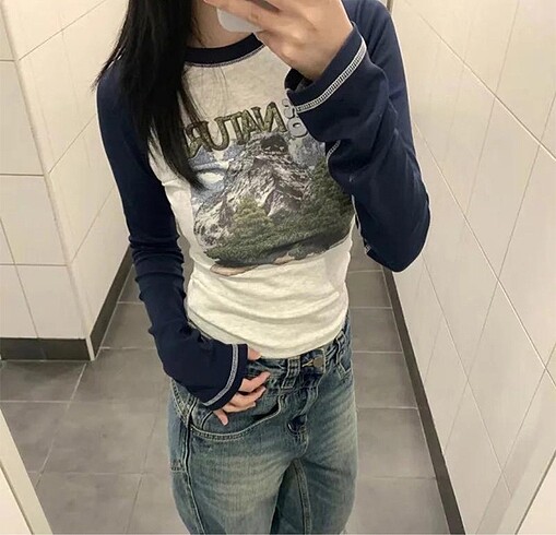 Diğer Lacivert Raglan Kollu Back To Nature Gri Melanj Uzun Kollu Crop