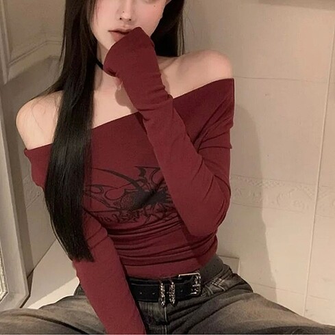 m Beden Bordo Black Widow Omuzu Açık Spider Uzun Kollu Crop