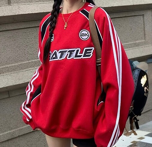 m Beden Kırmızı Battle Şeritli (Unisex) Uzun Kollu Sweatshirt