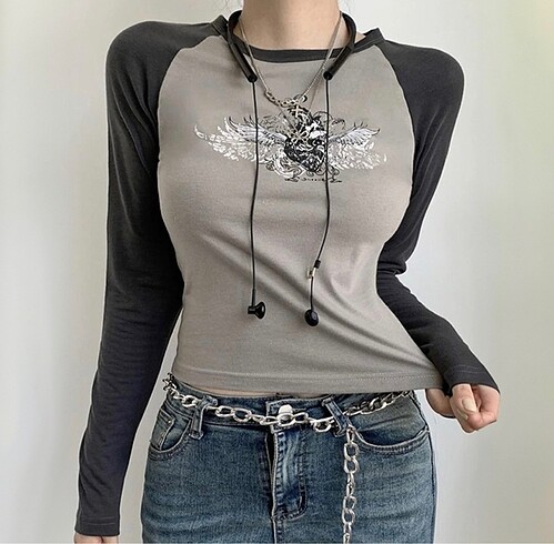 Gri Raglan Traditional Style Heart Uzun Kollu Crop
