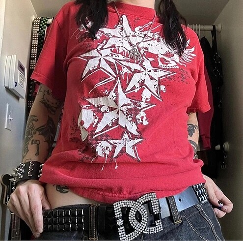 Kırmızı Cyber Grunge Vintage Star T-shirt