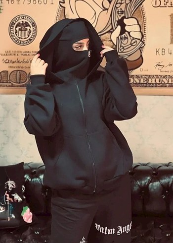 Kadın Siyah Fermuarlı Kapüşonlu Sweatshirt - Görsel 2