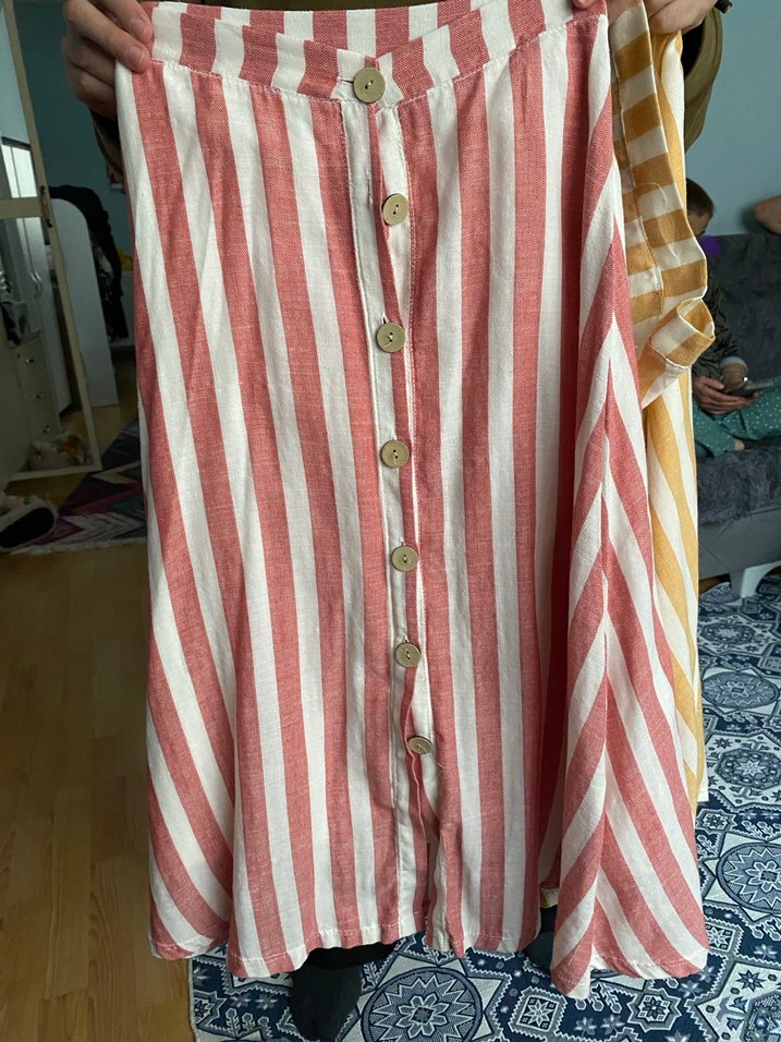 Düğmeli Sarı Çizgili Hamile Midi Etek - Görsel 2