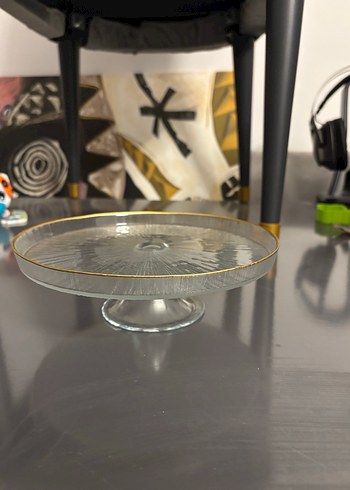 Altın Kenarlı Gri Cam Tabak - Görsel 2