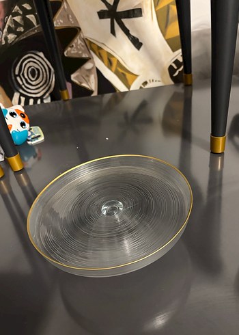 Altın Varaklı Gri Soyut Desenli Cam Tabak - Görsel 2