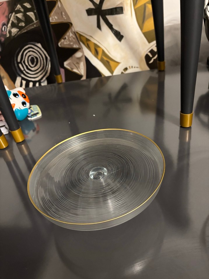 Altın Varaklı Gri Soyut Desenli Cam Tabak - Görsel 2