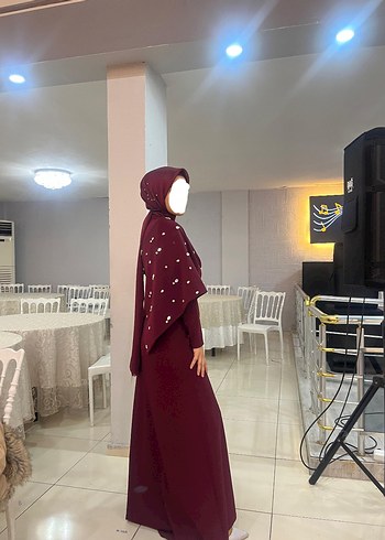 bordo gümüş detaylı tesettür elbise - Görsel 2