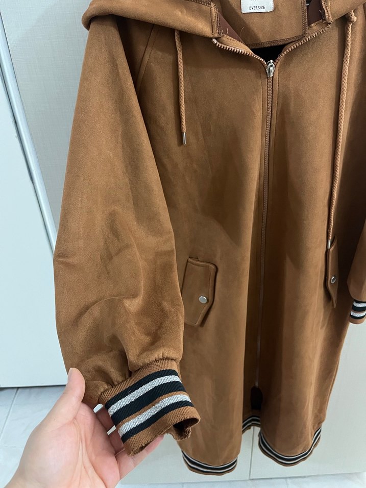 SIFIR ÜRÜN. IKOLL MARKA,kahverengi Süet Kapüşonlu Uzun Mont - Görsel 2