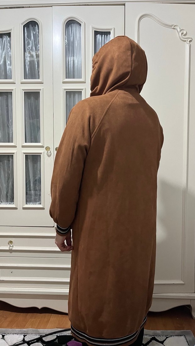 SIFIR ÜRÜN. IKOLL MARKA,kahverengi Süet Kapüşonlu Uzun Mont - Görsel 4