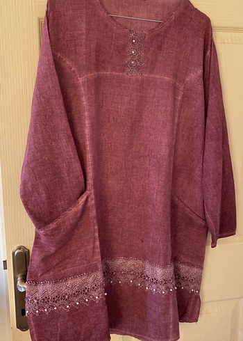 Bordo Nakışlı Keten Bohem ELBİSE Tunik XXL uygun