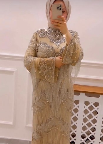 İthal Bej İşlemeli Kadın Abiye Elbise - Görsel 4