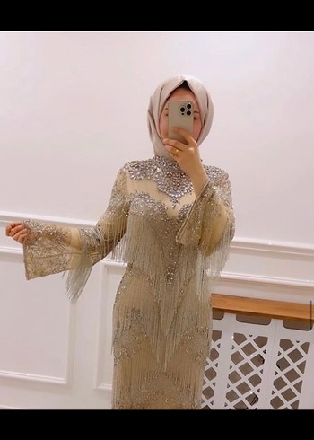 İthal Bej İşlemeli Kadın Abiye Elbise - Görsel 3