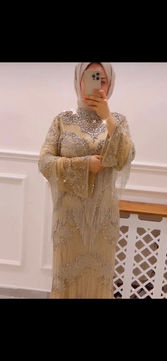 İthal Bej İşlemeli Kadın Abiye Elbise - Görsel 4