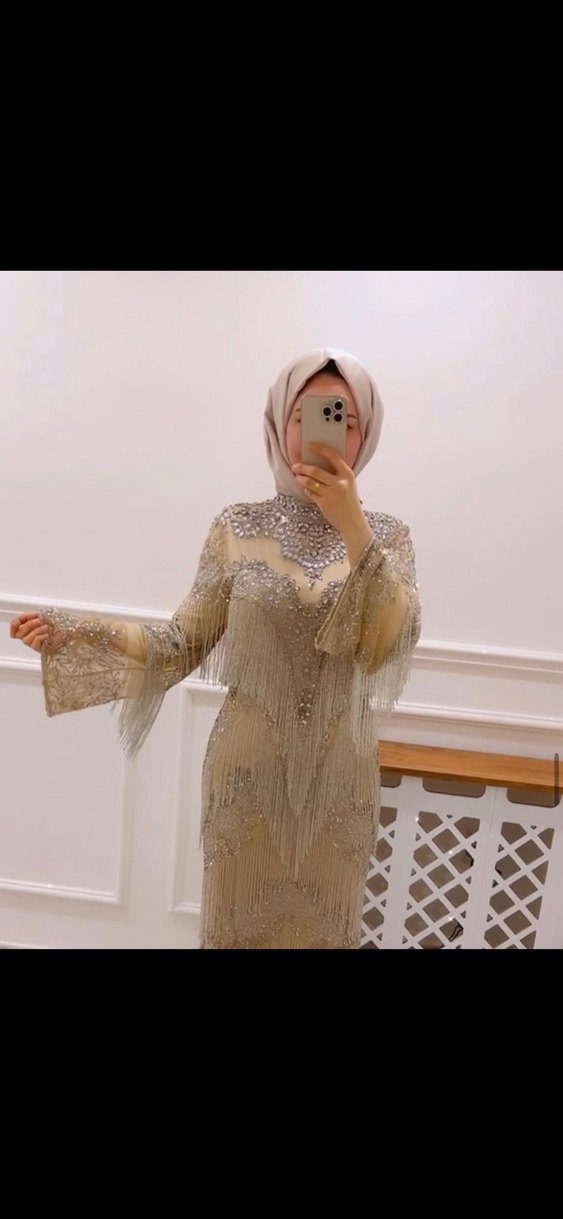 İthal Bej İşlemeli Kadın Abiye Elbise - Görsel 3