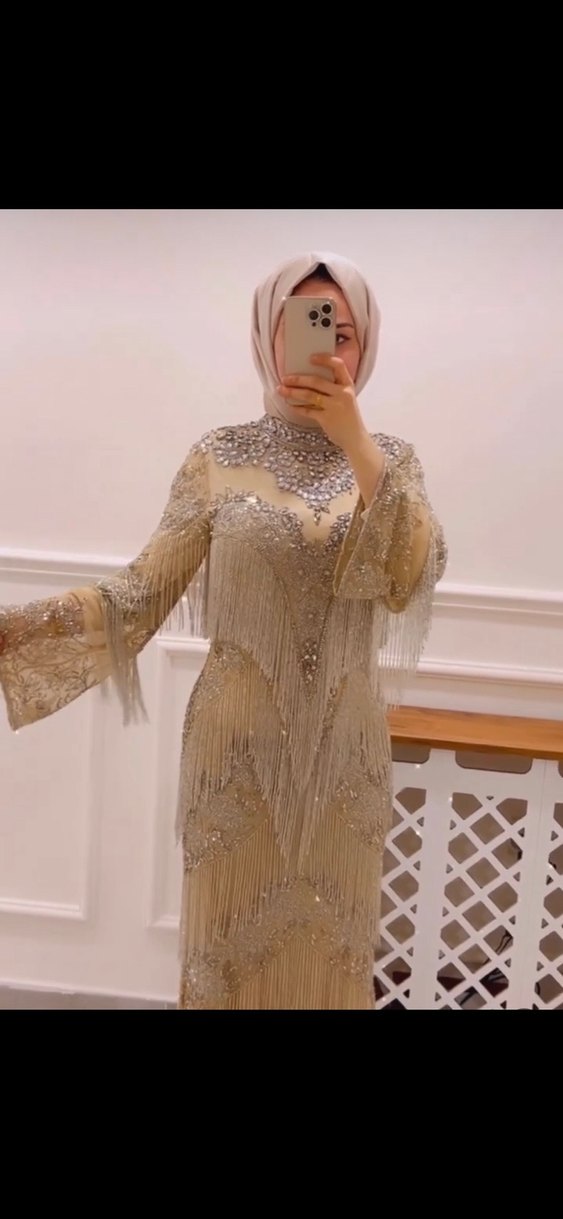 İthal Bej İşlemeli Kadın Abiye Elbise - Görsel 2