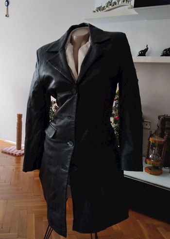 Düğmeli Siyah Deri Kadın Ceket trençkot - Görsel 2