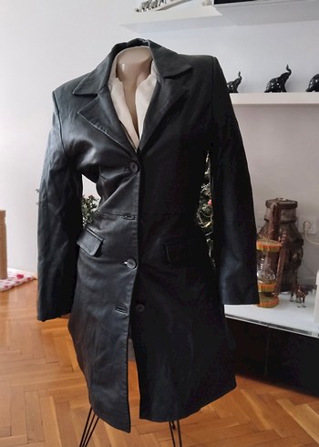 Düğmeli Siyah Deri Kadın Ceket trençkot - Görsel 3