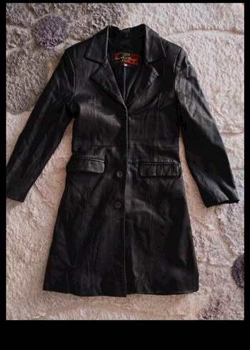 Düğmeli Siyah Deri Kadın Ceket trençkot - Görsel 6