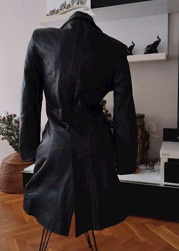 Düğmeli Siyah Deri Kadın Ceket trençkot - Görsel 5