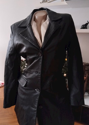 Düğmeli Siyah Deri Kadın Ceket trençkot - Görsel 4