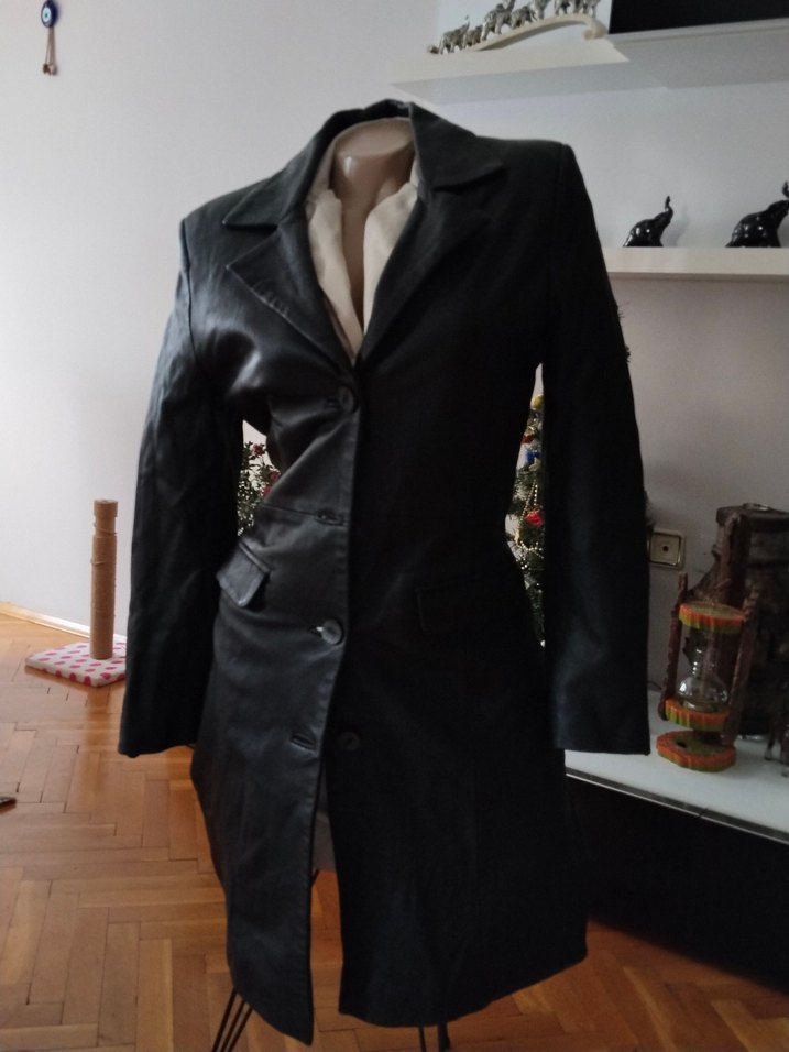 Düğmeli Siyah Deri Kadın Ceket trençkot - Görsel 2