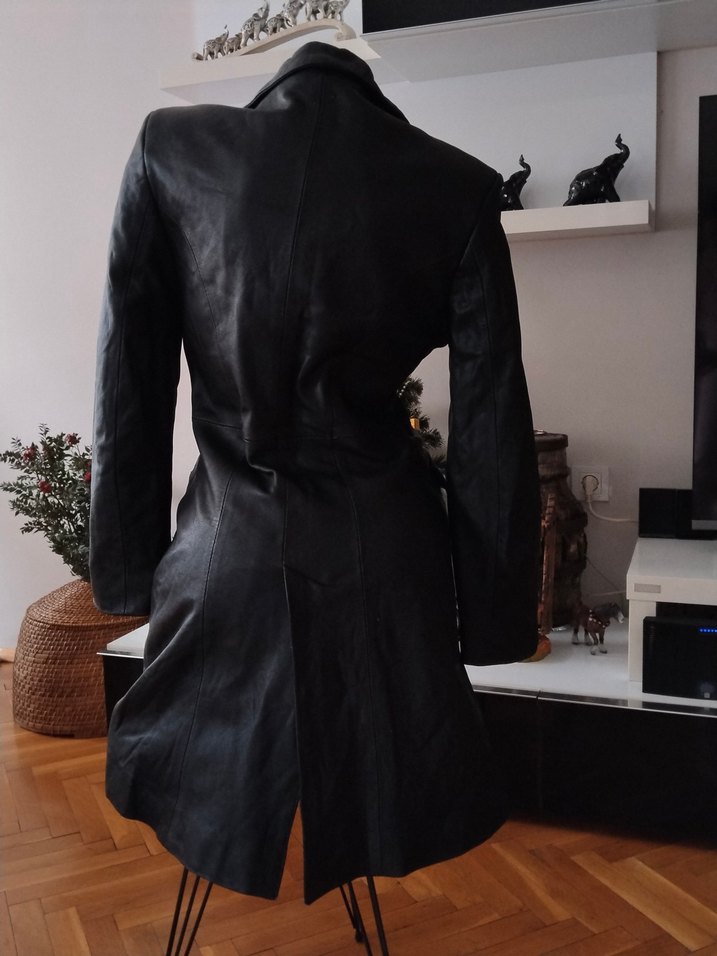 Düğmeli Siyah Deri Kadın Ceket trençkot - Görsel 5