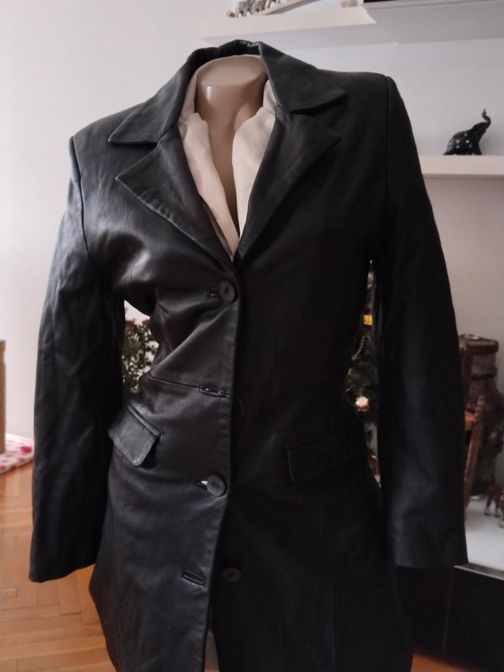 Düğmeli Siyah Deri Kadın Ceket trençkot - Görsel 4