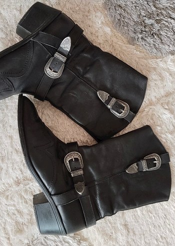 Siyah Deri Tokalı Dizüstü Biker Çizme - Görsel 9