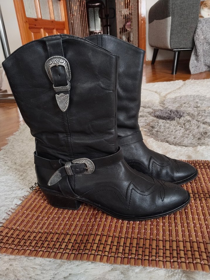 Siyah Deri Tokalı Dizüstü Biker Çizme - Görsel 2