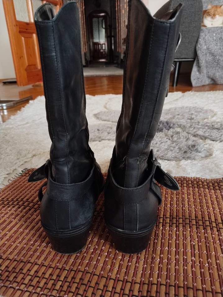 Siyah Deri Tokalı Dizüstü Biker Çizme - Görsel 5