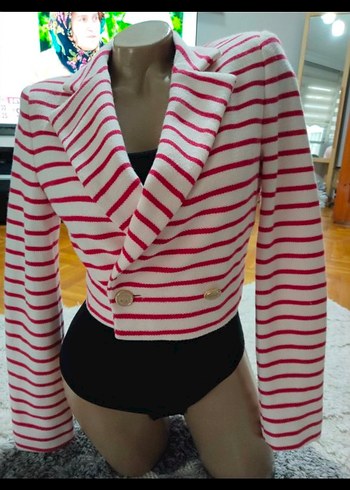 Çizgili Kısa Kesim Pembe Blazer Ceket - Görsel 3