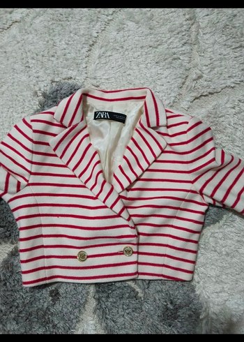 Çizgili Kısa Kesim Pembe Blazer Ceket - Görsel 6