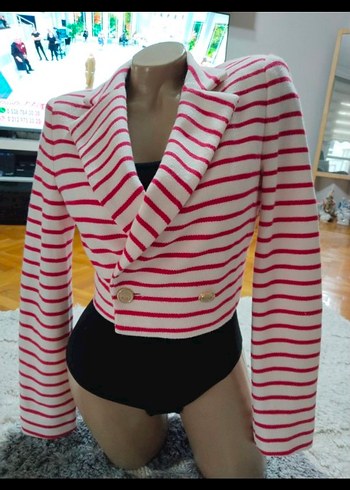 Çizgili Kısa Kesim Pembe Blazer Ceket - Görsel 4