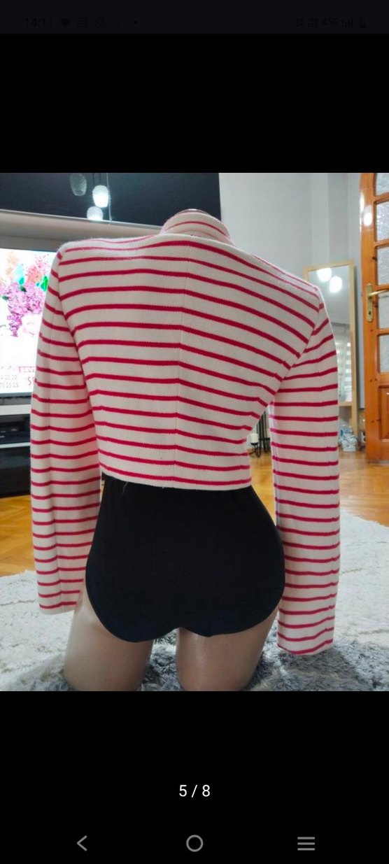 Çizgili Kısa Kesim Pembe Blazer Ceket - Görsel 5