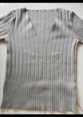Gri V Yaka Kısa Kollu Kadın Triko - Görsel 8