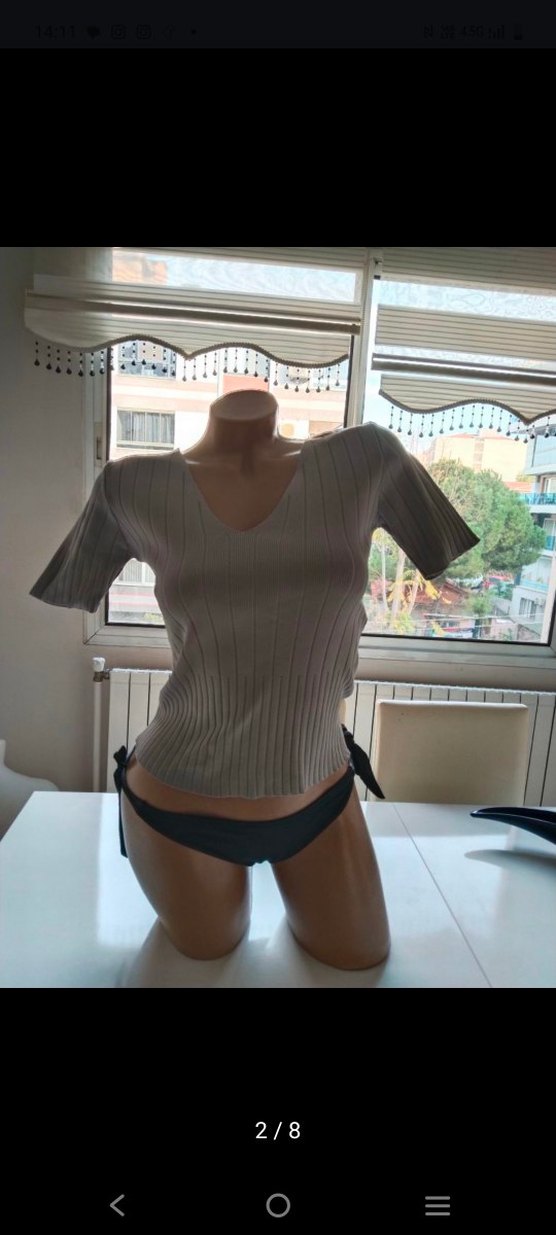 Gri V Yaka Kısa Kollu Kadın Triko - Görsel 2