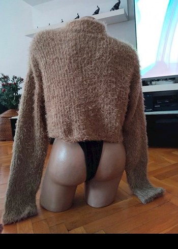 Kahverengi Boğazlı Kısa Örgü Kadın Kazak - Görsel 3