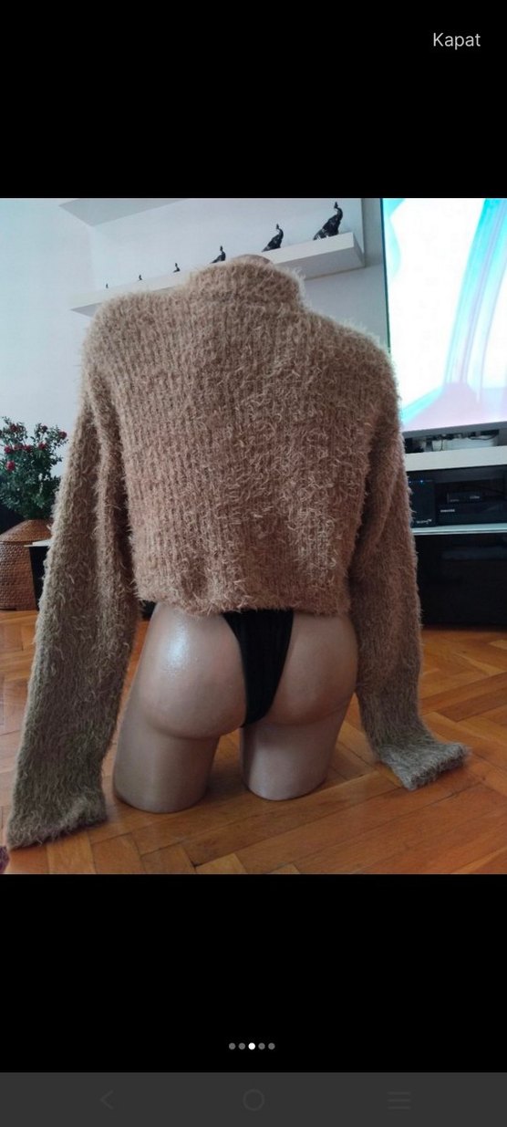 Kahverengi Boğazlı Kısa Örgü Kadın Kazak - Görsel 3