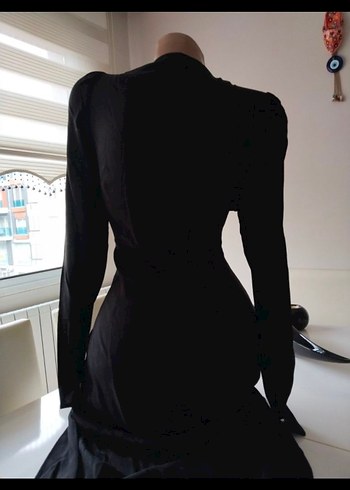 Siyah V Yakalı Uzun yırtmaçlı Kadın Elbise - Görsel 3