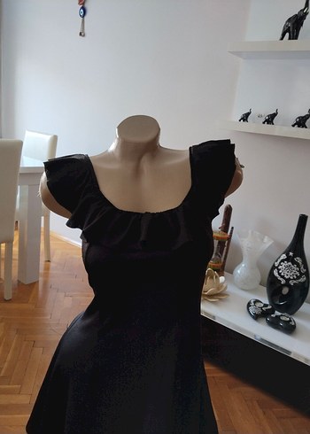 Siyah Straplez Fırfırlı Midi Elbise - Görsel 3